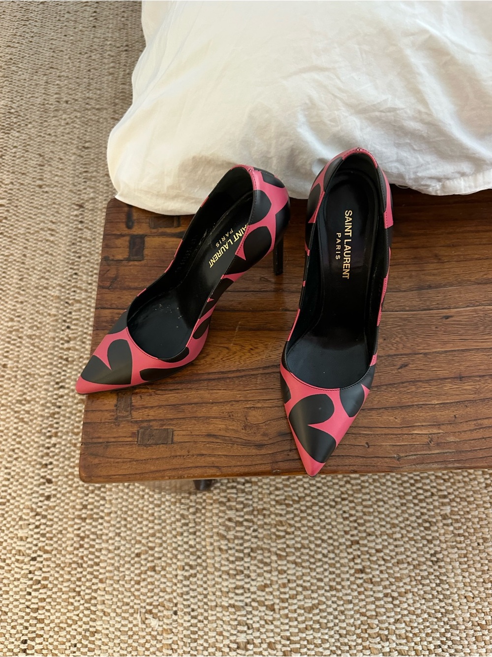 Saint Laurent YSL Pink and Black Heart-Pattern Pointed-Toe Pumps